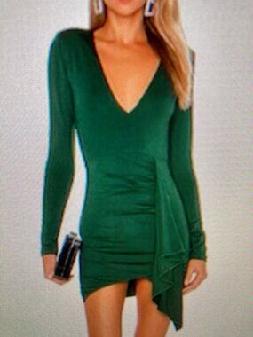 Superdown Emerald Green Long-Sleeve V-Neck Ruched Side Dress Women Size L